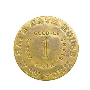 Hap's Bath House New York Token Good For All Night  Brass Coin Screw Bath Beans